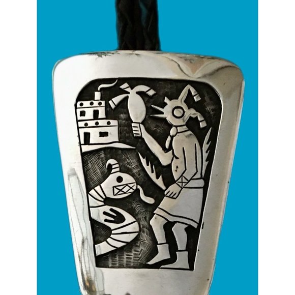 Sterling Silver Bolo Tie Handmade Native American Artisan Hopi Overlay  Signed - Picture 2 of 3